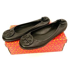 Tory Burch Reva Flats Black Logo Pebbled Leather